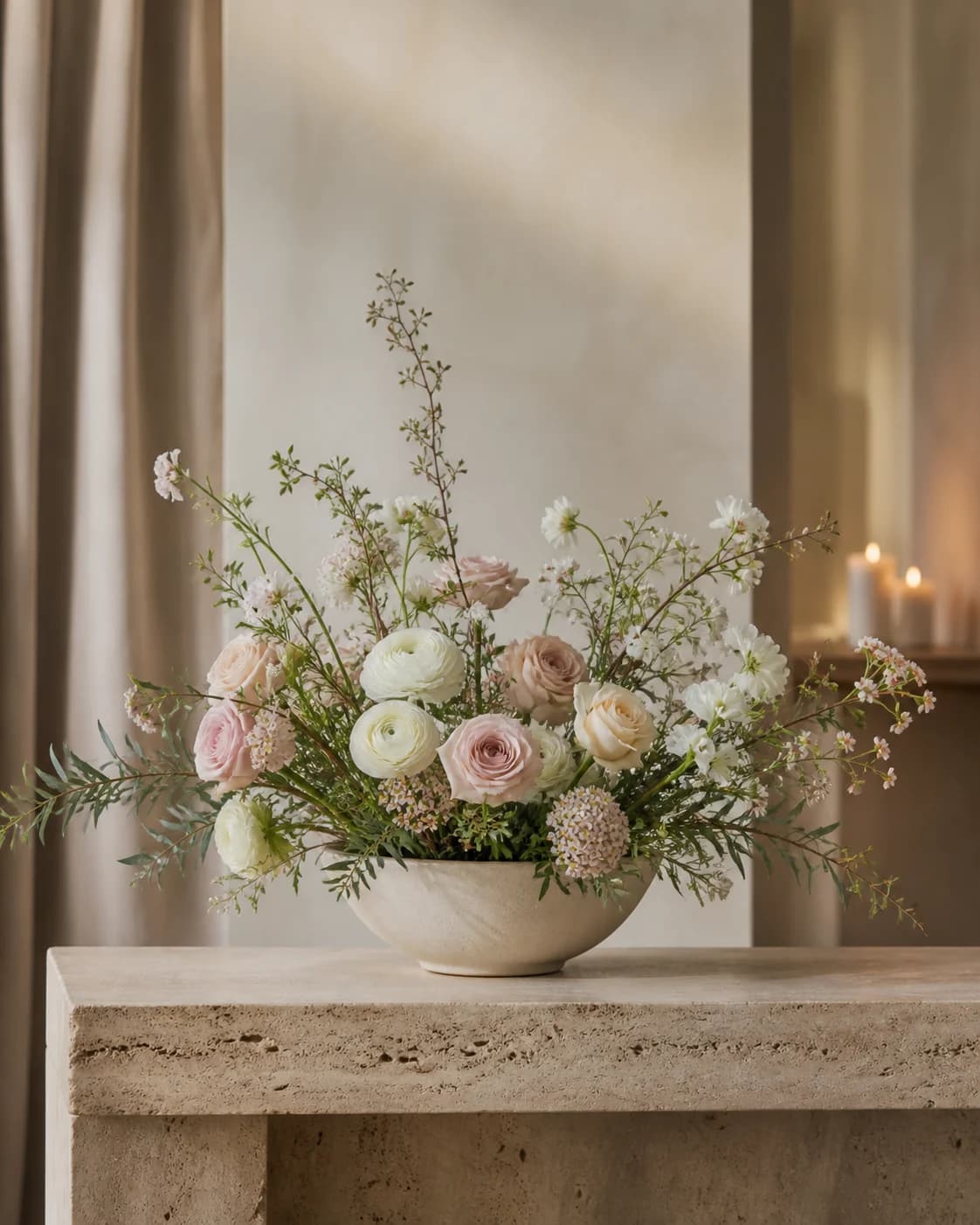 Blush and ivory floral centerpiece in a warm interior