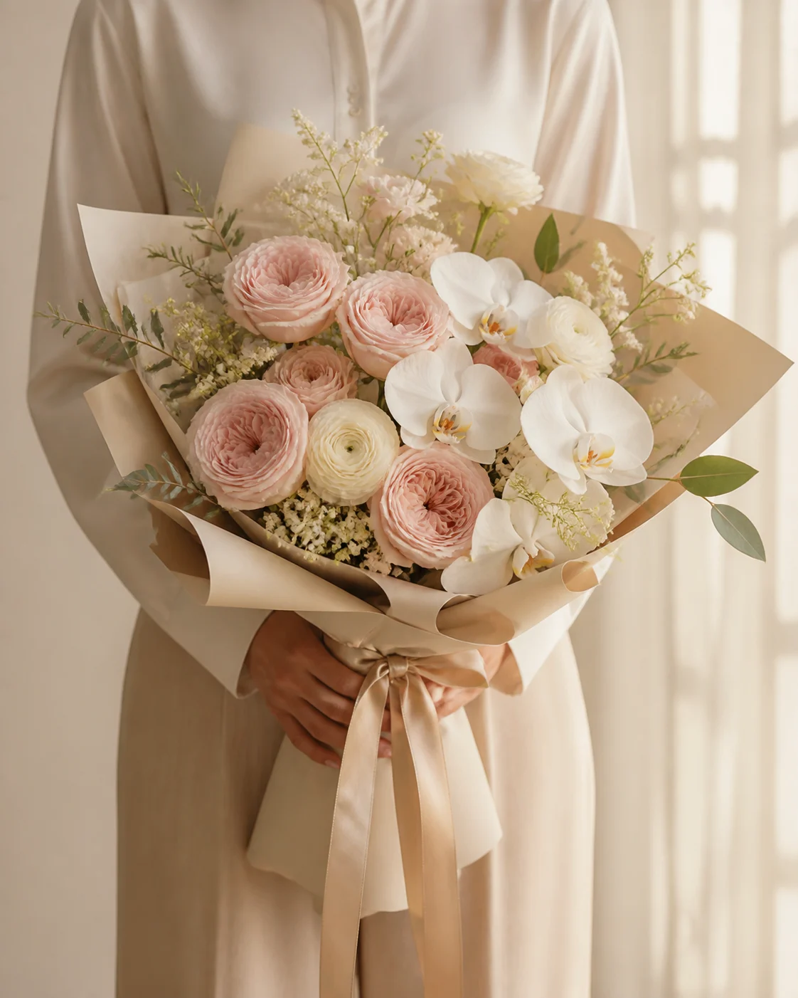 Person holding a blush and ivory hand-tied bouquet
