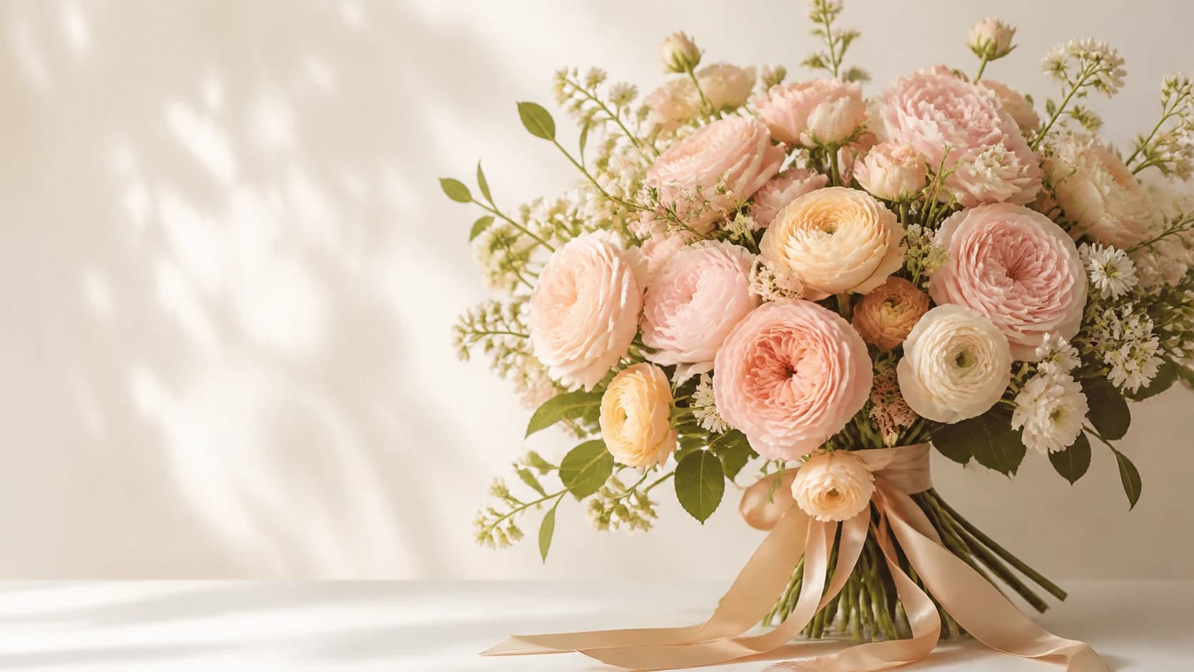 Blush garden roses and peach ranunculus bouquet with champagne ribbons
